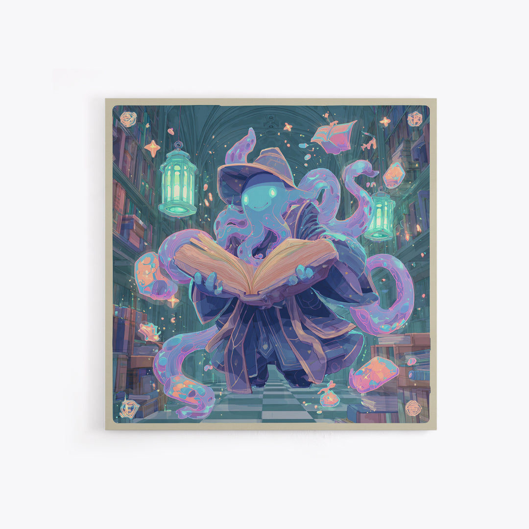 The Librarian Of Forbidden Tides, Cute Spooky Neon Art, Square Wall Art, Canvas Print, Retro Halloween Decor, Neon Wall Art