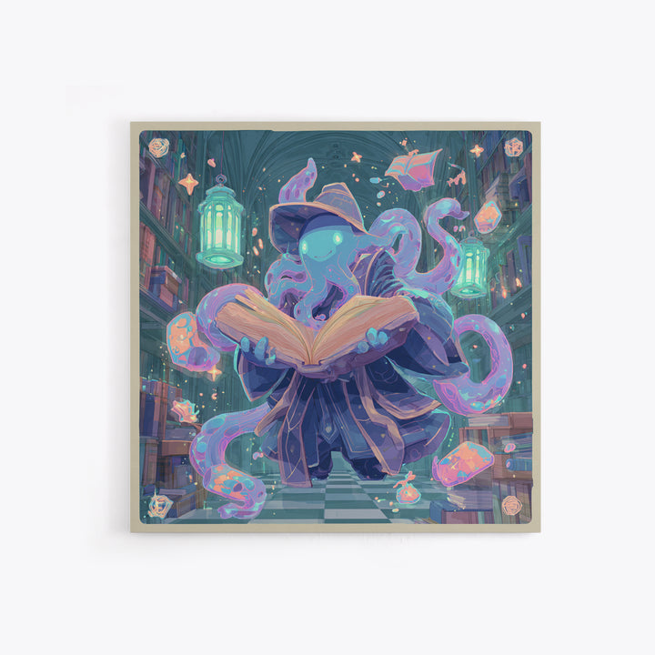 The Librarian Of Forbidden Tides, Cute Spooky Neon Art, Square Wall Art, Canvas Print, Retro Halloween Decor, Neon Wall Art
