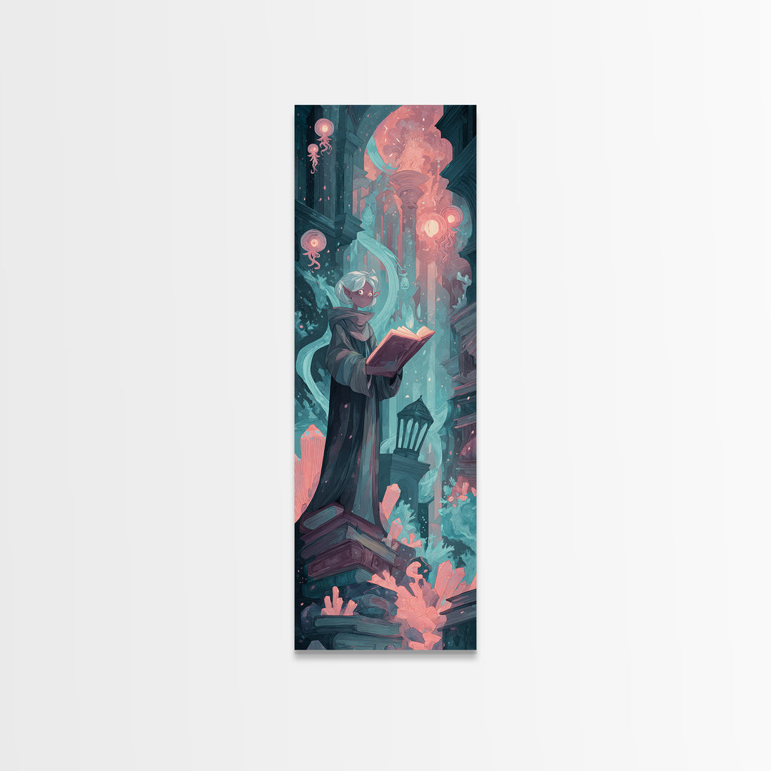The Librarian Of Forbidden Tides, Cosmic Synthwave Horror, Tall Narrow Wall Art, Canvas Print, Retro Halloween Decor, Neon Wall Art