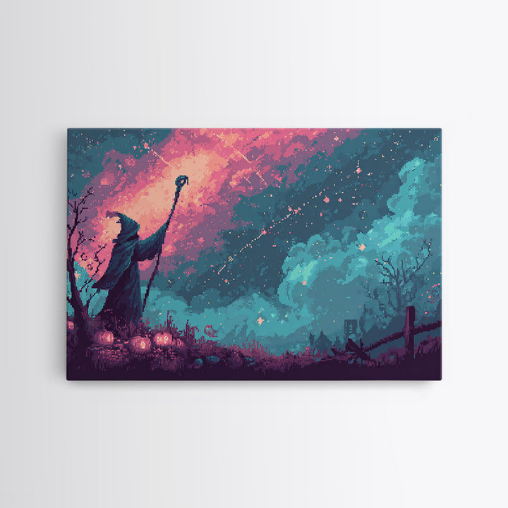 The Star-Seer Of Black Dunwich, Cute Spooky Neon Art, Landscape Wall Art, Framed Canvas Print, Retro Halloween Decor, Neon Wall Art