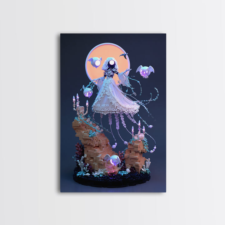 The Bride Of The Abyssal Moon, Cute Eldritch Neon Art, Vertical Wall Art, Framed Canvas Print, Retro Halloween Decor, Neon Wall Art