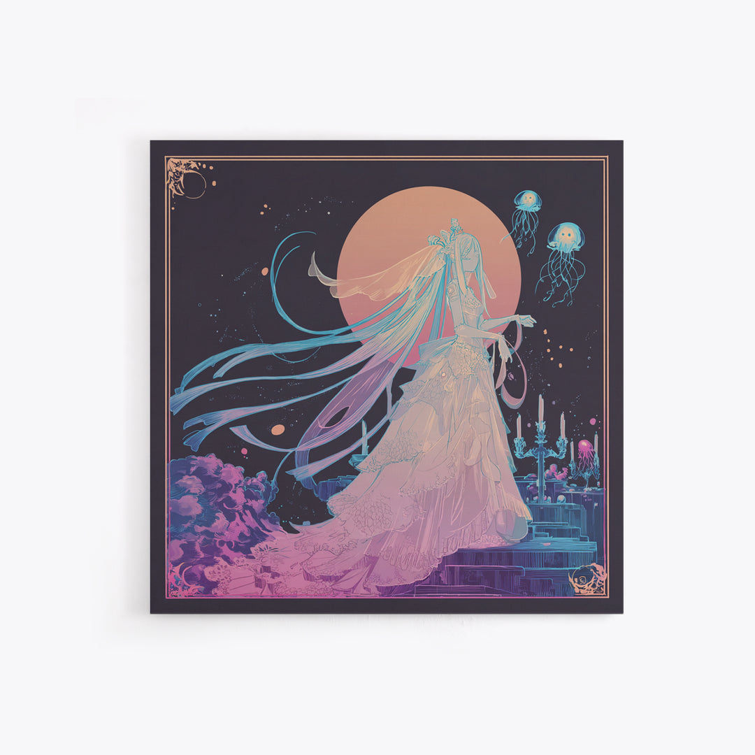 The Bride Of The Abyssal Moon, Cute Eldritch Neon Art, Square Wall Art, Framed Canvas Print, Retro Halloween Decor, Neon Wall Art