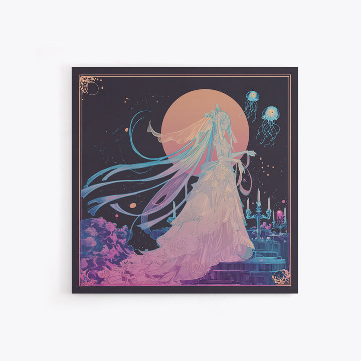 The Bride Of The Abyssal Moon, Cute Eldritch Neon Art, Square Wall Art, Framed Canvas Print, Retro Halloween Decor, Neon Wall Art