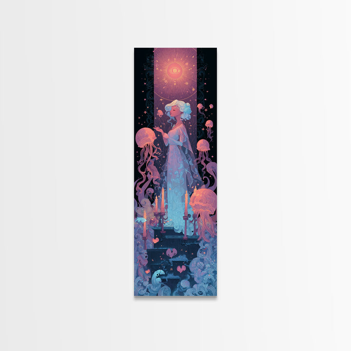 The Bride Of The Abyssal Moon, Cosmic Synthwave Horror, Tall Narrow Wall Art, Canvas Print, Retro Halloween Decor, Neon Wall Art