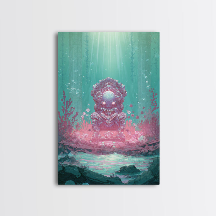 The Watcher In The Coral Throne, Retro Neon Halloween Art, Vertical Wall Art, Canvas Print, Retro Halloween Decor, Neon Wall Art