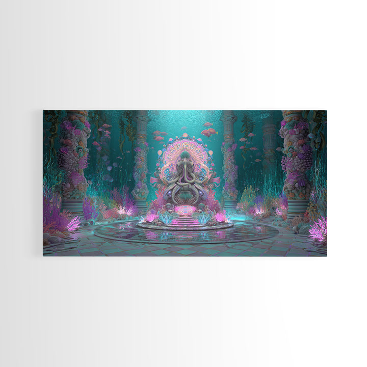 The Watcher In The Coral Throne, Vaporwave Halloween Decor, Wide Panoramic Art, Framed Canvas Print, Retro Halloween Decor, Neon Wall Art