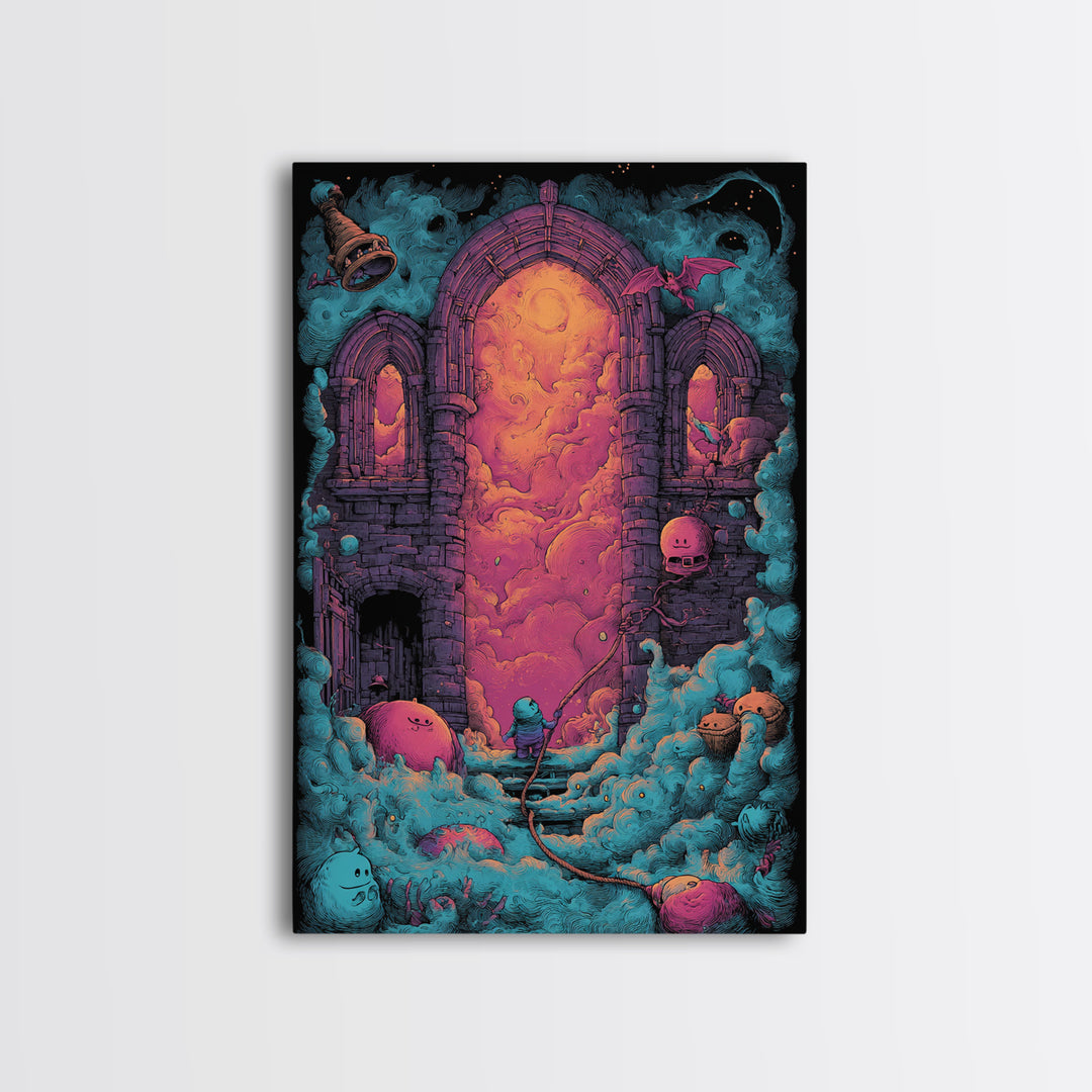 The Bellringer Of The Sunken Cathedral, Cute Eldritch Neon Art, Vertical Wall Art, Canvas Print, Retro Halloween Decor, Neon Wall Art