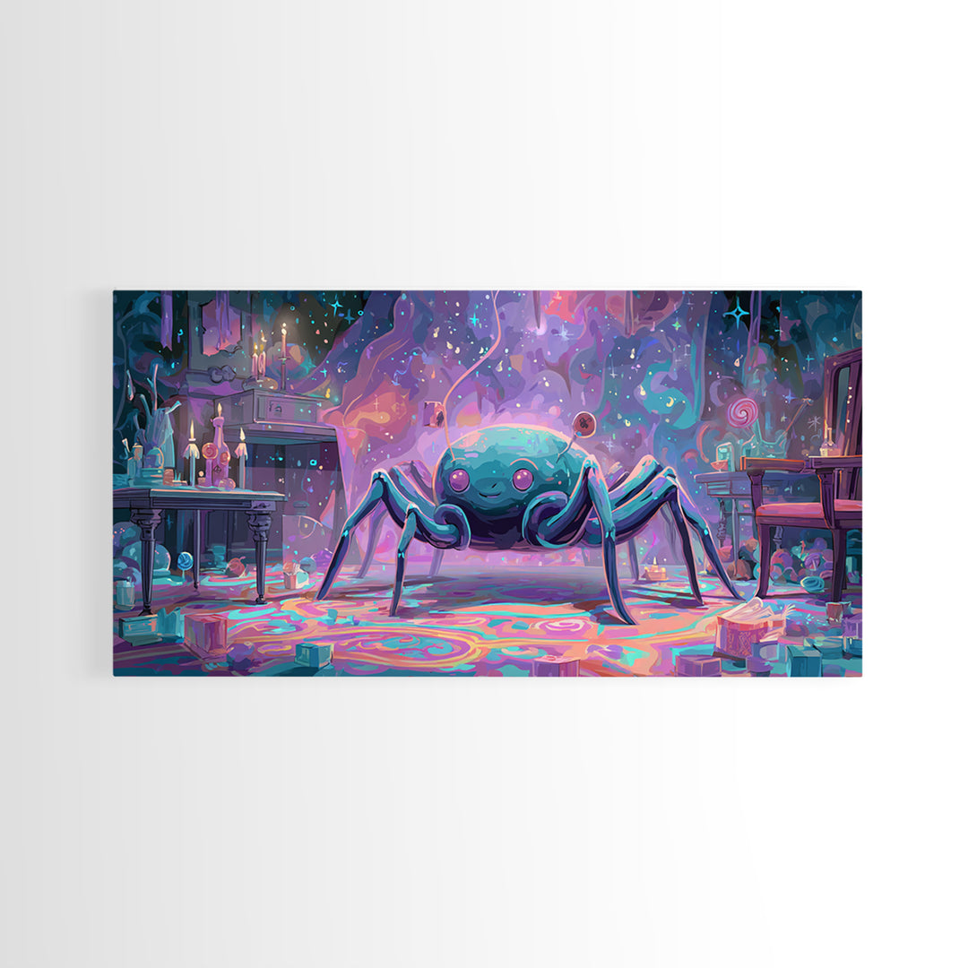 The Crawler Beneath The Floor Of Stars, Retro Neon Halloween Art, Wide Panoramic Art, Framed Canvas Print, Retro Halloween Decor