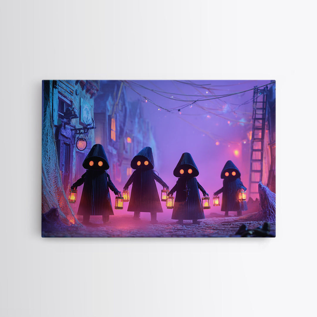 The Innsmouth Lantern Procession, Synthwave Halloween Art, Landscape Wall Art, Framed Canvas Print, Retro Halloween Decor, Neon Wall Art