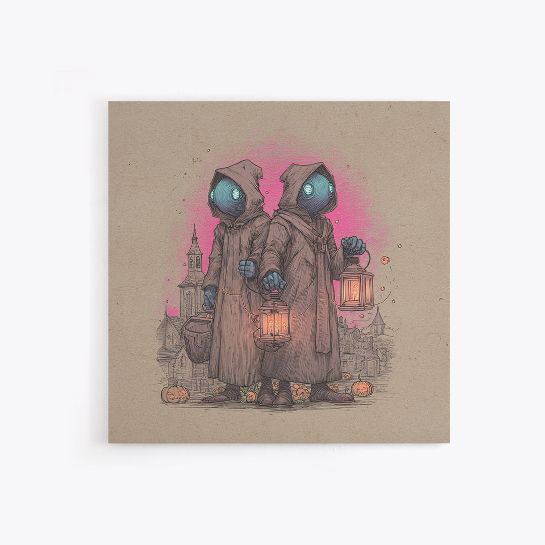 The Innsmouth Lantern Procession, 80s Halloween Wall Art, Square Wall Art, Canvas Print, Retro Halloween Decor, Neon Wall Art