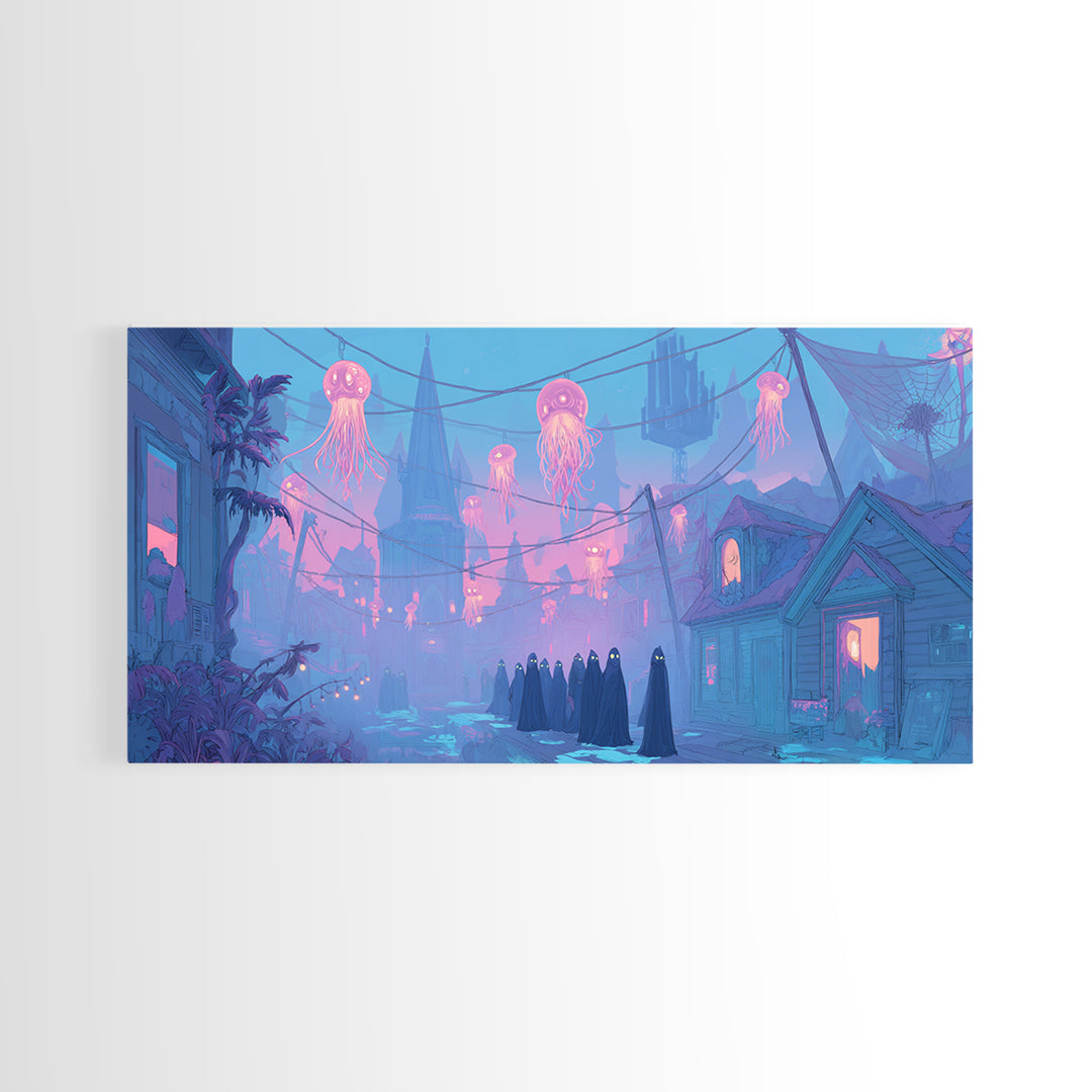 The Innsmouth Lantern Procession, Cute Eldritch Neon Art, Wide Panoramic Art, Framed Canvas Print, Retro Halloween Decor, Neon Wall Art