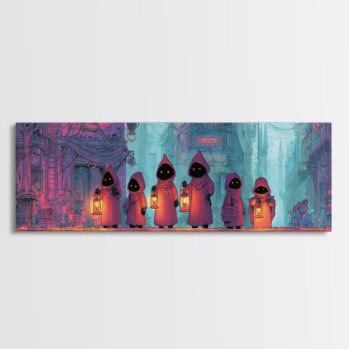 The Innsmouth Lantern Procession, Retro Neon Halloween Art, Extra Wide Wall Art, Framed Canvas Print, Retro Halloween Decor, Neon Wall Art