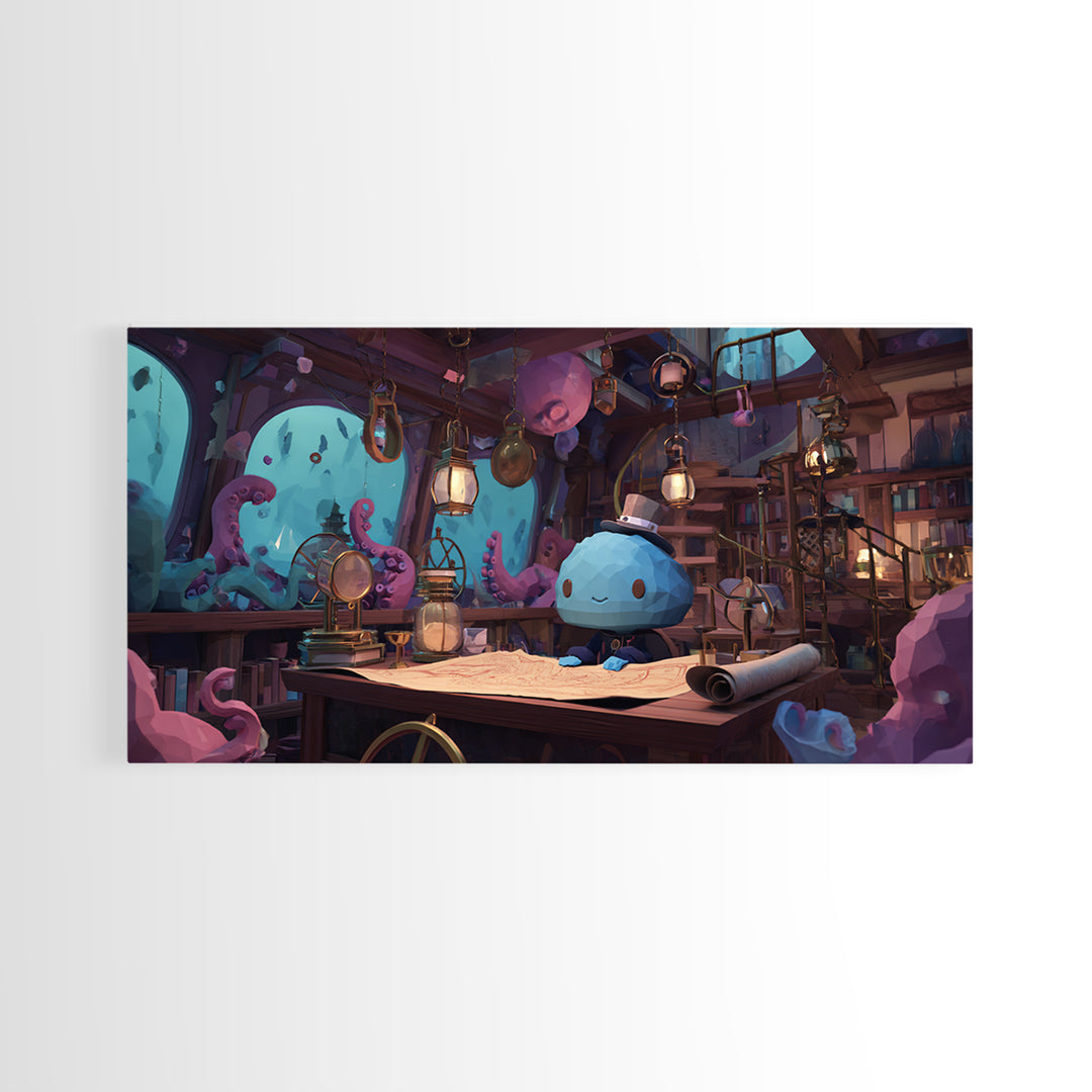 The Mapmaker Of Impossible Shores, Cosmic Synthwave Horror, Wide Panoramic Art, Framed Canvas Print, Retro Halloween Decor, Neon Wall Art