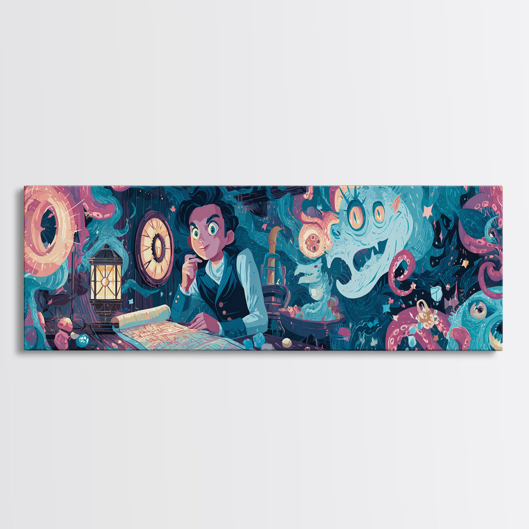 The Mapmaker Of Impossible Shores, Cosmic Synthwave Horror, Extra Wide Wall Art, Canvas Print, Retro Halloween Decor, Neon Wall Art