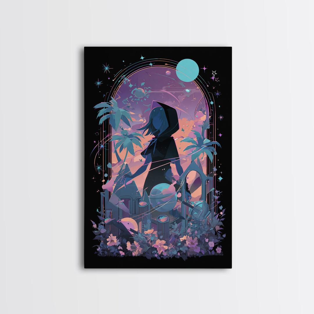The Widow Of The Whispering Comet, Cosmic Synthwave Horror, Vertical Wall Art, Canvas Print, Retro Halloween Decor, Neon Wall Art