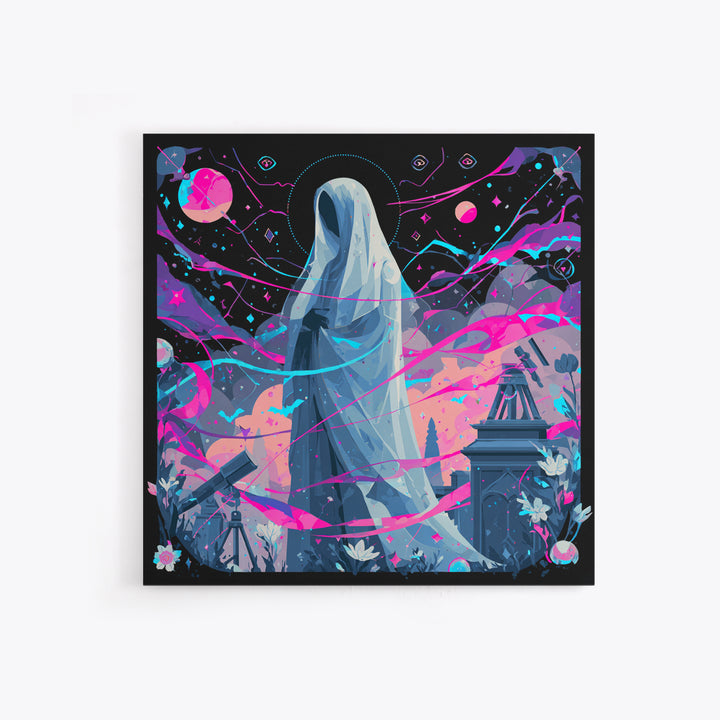 The Widow Of The Whispering Comet, Synthwave Halloween Art, Square Wall Art, Framed Canvas Print, Retro Halloween Decor, Neon Wall Art