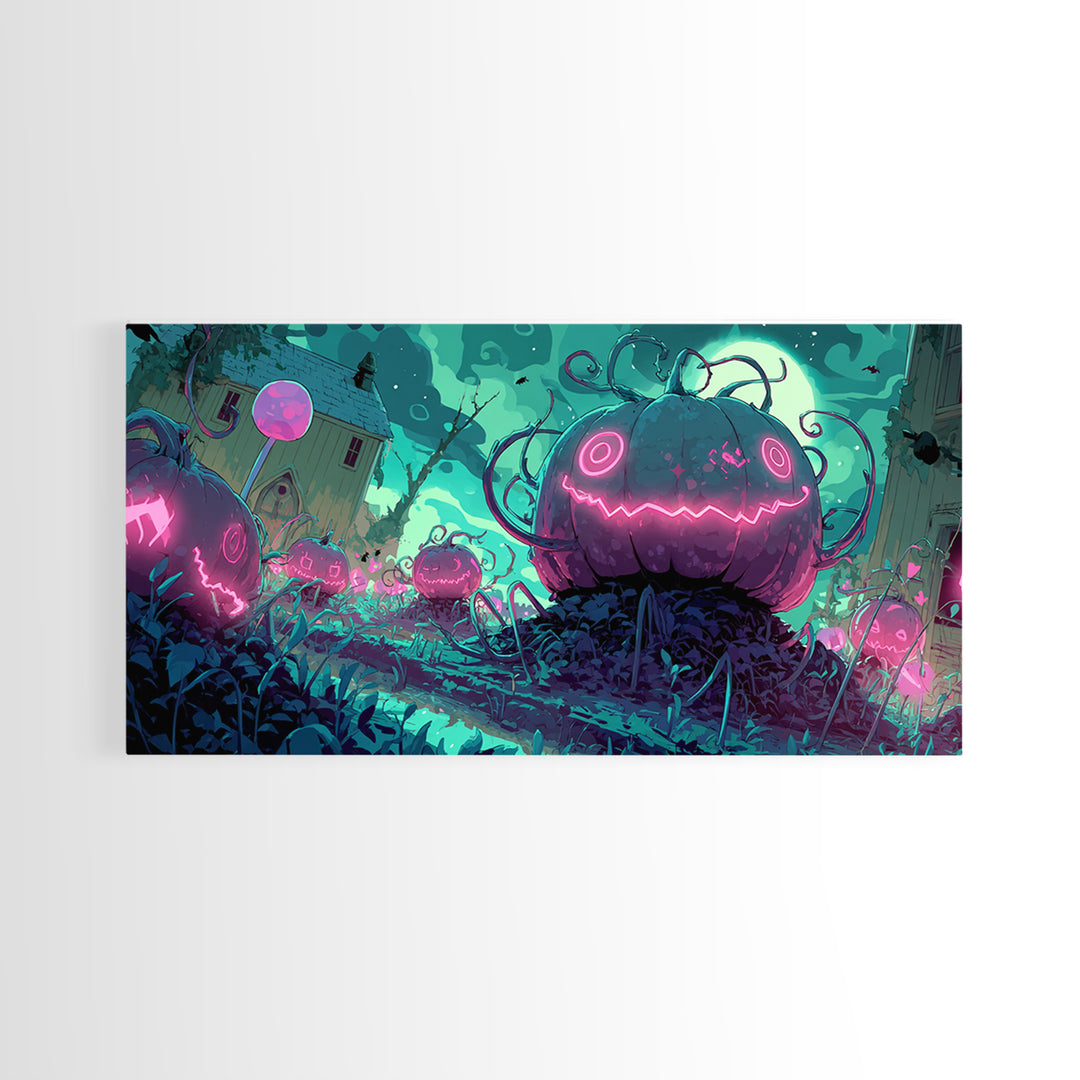 The Harvest Of The Eldritch Field, 80s Halloween Wall Art, Wide Panoramic Art, Canvas Print, Retro Halloween Decor, Neon Wall Art