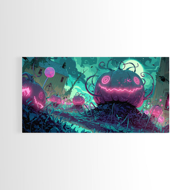 The Harvest Of The Eldritch Field, 80s Halloween Wall Art, Wide Panoramic Art, Canvas Print, Retro Halloween Decor, Neon Wall Art