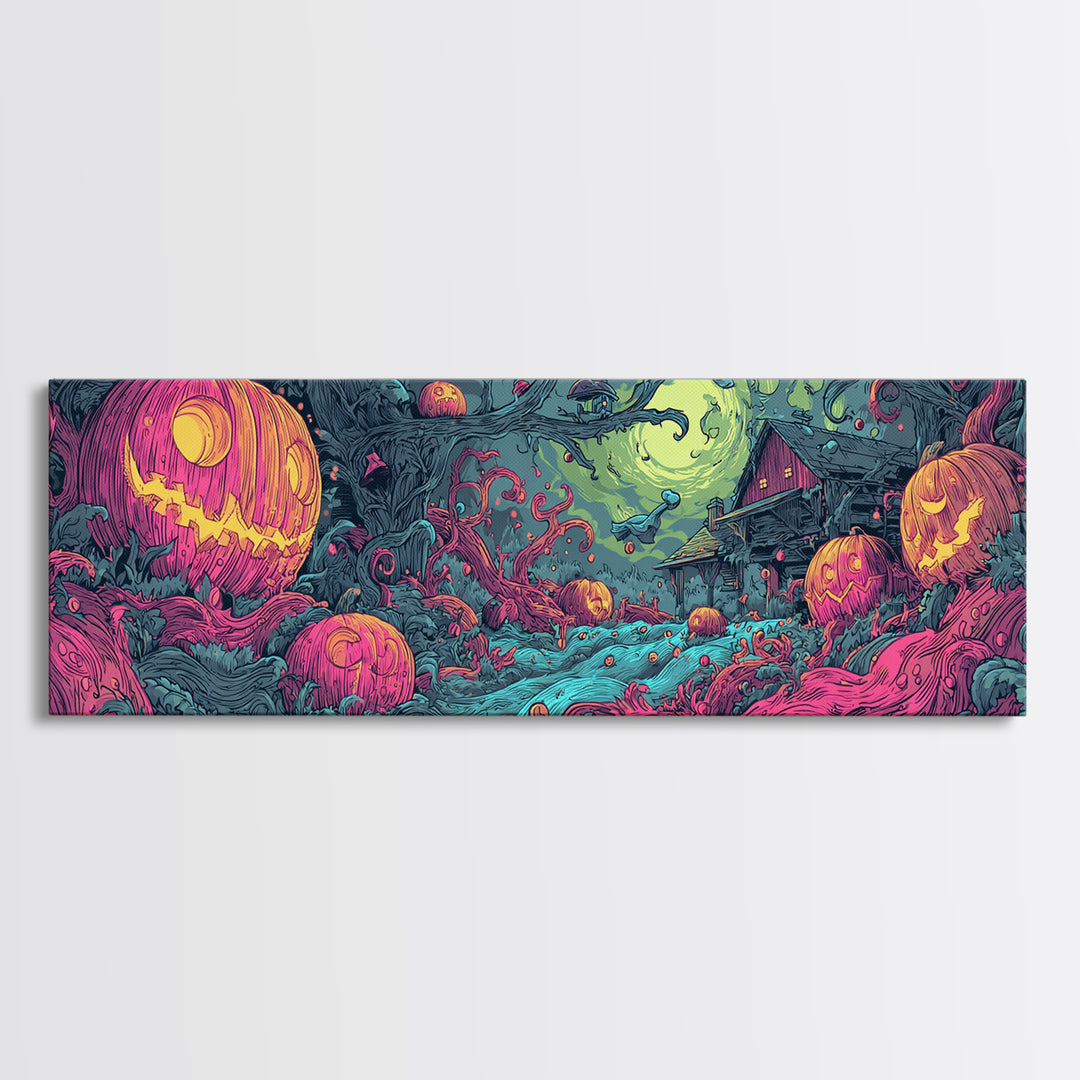 The Harvest Of The Eldritch Field, Cosmic Synthwave Horror, Extra Wide Wall Art, Canvas Print, Retro Halloween Decor, Neon Wall Art