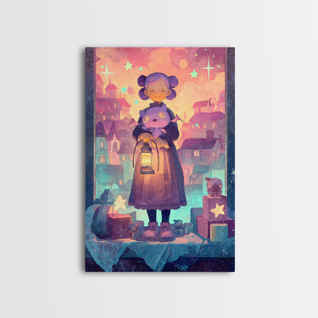 The Child Who Caught A Moon-Spawn, Vaporwave Halloween Decor, Vertical Wall Art, Framed Canvas Print, Retro Halloween Decor, Neon Wall Art