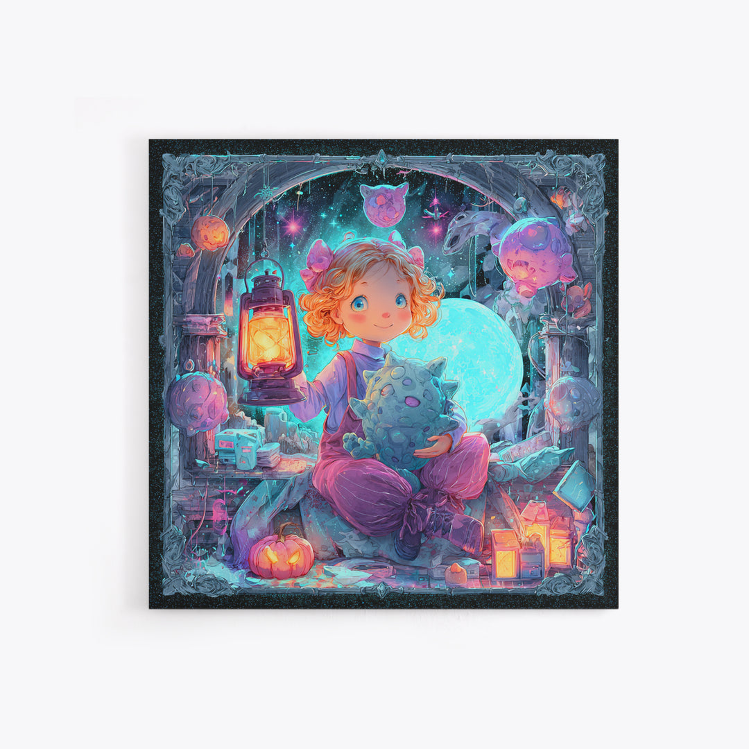 The Child Who Caught A Moon-Spawn, Vaporwave Halloween Decor, Square Wall Art, Canvas Print, Retro Halloween Decor, Neon Wall Art
