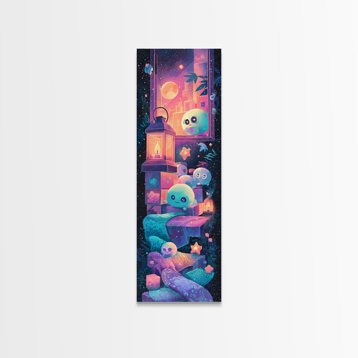 The Child Who Caught A Moon-Spawn, Synthwave Halloween Art, Tall Narrow Wall Art, Canvas Print, Retro Halloween Decor, Neon Wall Art