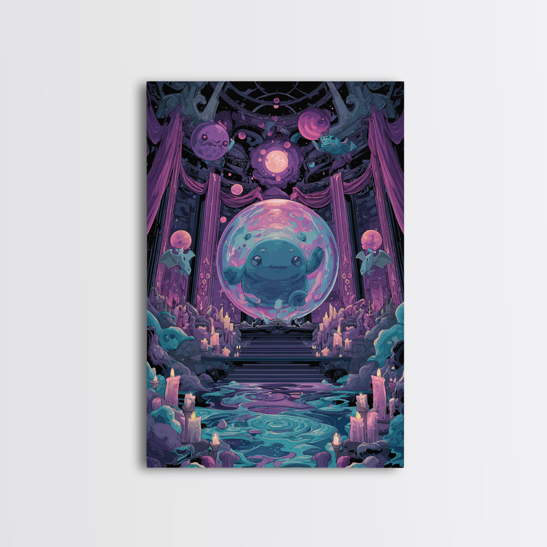 The Oracle Of The Glass Depths, Cute Eldritch Neon Art, Vertical Wall Art, Canvas Print, Retro Halloween Decor, Neon Wall Art