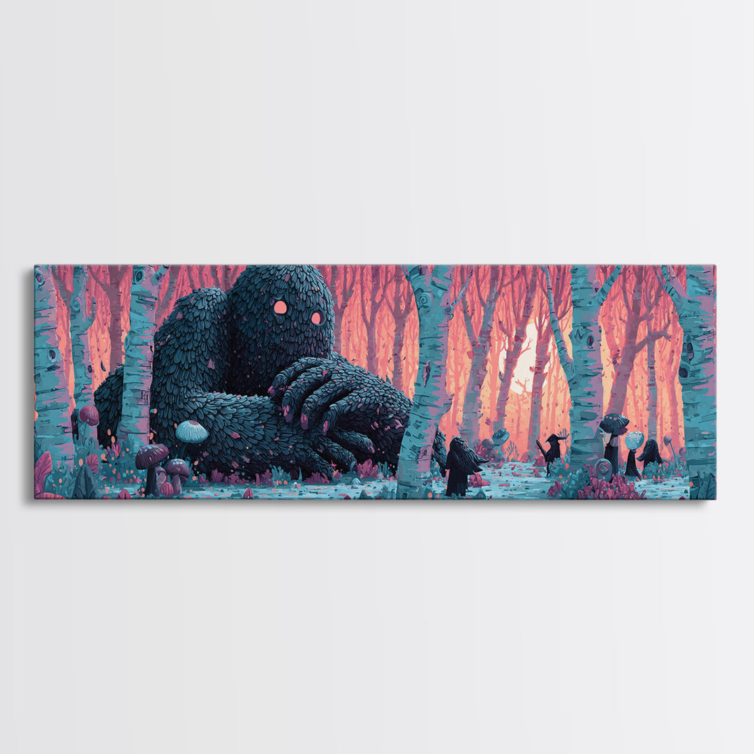 The Sleeper In The Birch Grove, Cosmic Synthwave Horror, Extra Wide Wall Art, Canvas Print, Retro Halloween Decor, Neon Wall Art