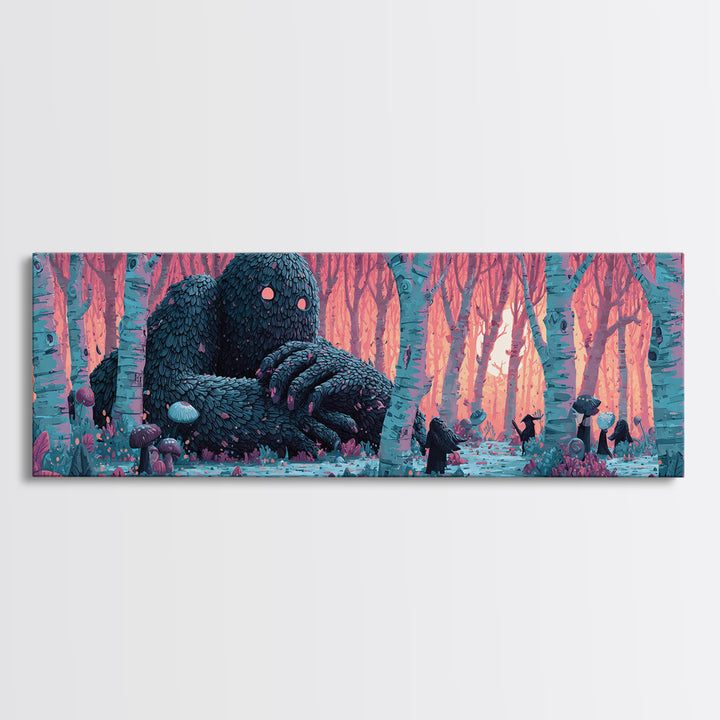 The Sleeper In The Birch Grove, Cosmic Synthwave Horror, Extra Wide Wall Art, Canvas Print, Retro Halloween Decor, Neon Wall Art