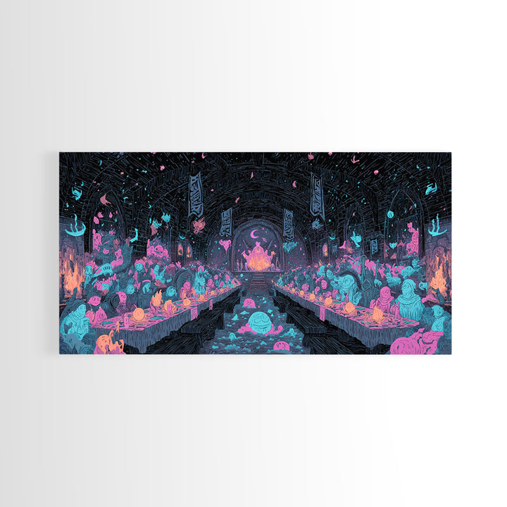 The Feast Of The Pale Cult, Synthwave Halloween Art, Wide Panoramic Art, Canvas Print, Retro Halloween Decor, Neon Wall Art