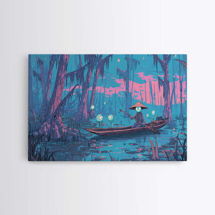 The Ferryman Of The Outer Marsh, Synthwave Halloween Art, Landscape Wall Art, Framed Canvas Print, Retro Halloween Decor, Neon Wall Art