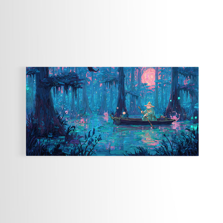 The Ferryman Of The Outer Marsh, 80s Halloween Wall Art, Wide Panoramic Art, Canvas Print, Retro Halloween Decor, Neon Wall Art