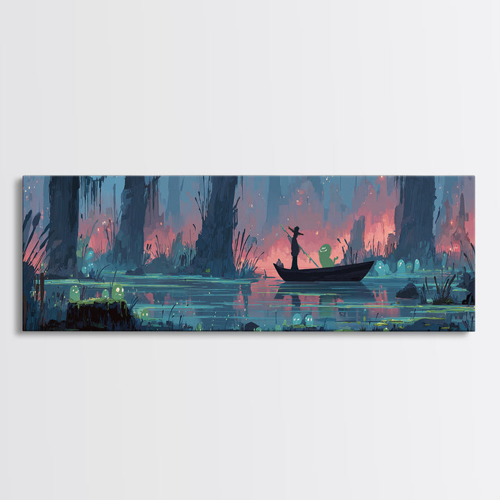 The Ferryman Of The Outer Marsh, Synthwave Halloween Art, Extra Wide Wall Art, Canvas Print, Retro Halloween Decor, Neon Wall Art