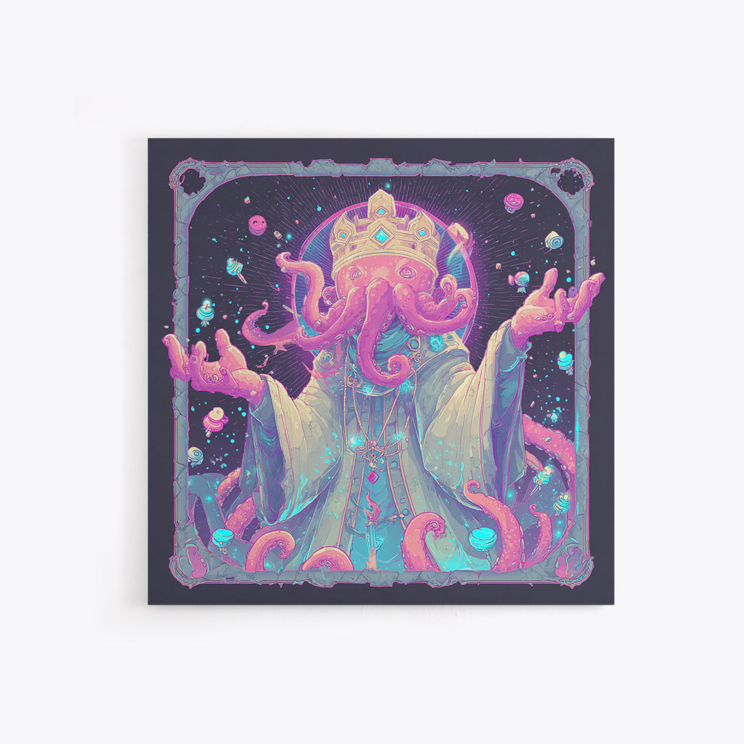 The Crown Of The Tentacled Saint, 80s Halloween Wall Art, Square Wall Art, Canvas Print, Retro Halloween Decor, Neon Wall Art