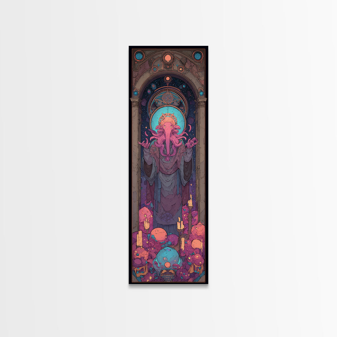 The Crown Of The Tentacled Saint, Cute Eldritch Neon Art, Tall Narrow Wall Art, Framed Canvas Print, Retro Halloween Decor, Neon Wall Art
