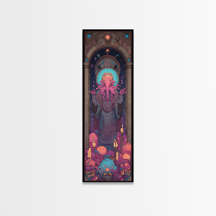 The Crown Of The Tentacled Saint, Cute Eldritch Neon Art, Tall Narrow Wall Art, Framed Canvas Print, Retro Halloween Decor, Neon Wall Art