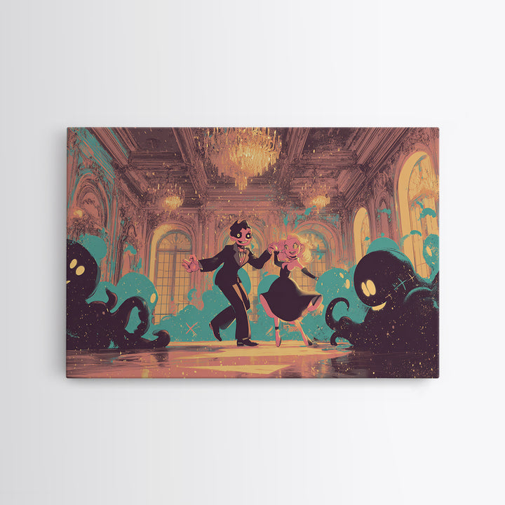 The Ballroom Of Silent Shoggoths, Synthwave Halloween Art, Landscape Wall Art, Canvas Print, Retro Halloween Decor, Neon Wall Art