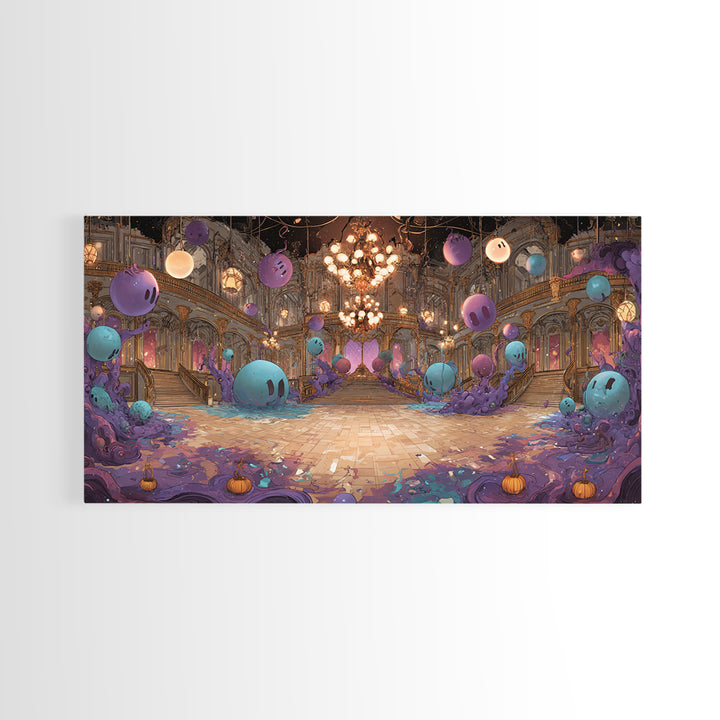 The Ballroom Of Silent Shoggoths, Cute Eldritch Neon Art, Wide Panoramic Art, Framed Canvas Print, Retro Halloween Decor, Neon Wall Art