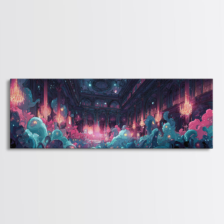 The Ballroom Of Silent Shoggoths, Cute Spooky Neon Art, Extra Wide Wall Art, Canvas Print, Retro Halloween Decor, Neon Wall Art