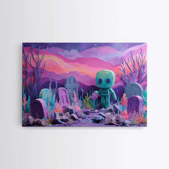 The Grave Gardener Of Yuggoth, Cosmic Synthwave Horror, Landscape Wall Art, Canvas Print, Retro Halloween Decor, Neon Wall Art