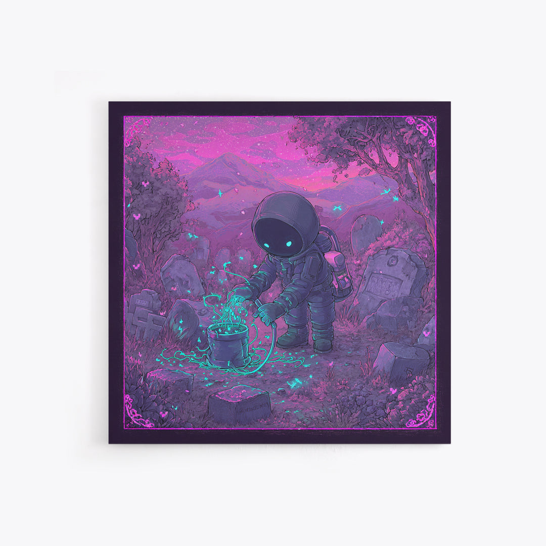 The Grave Gardener Of Yuggoth, 80s Halloween Wall Art, Square Wall Art, Framed Canvas Print, Retro Halloween Decor, Neon Wall Art