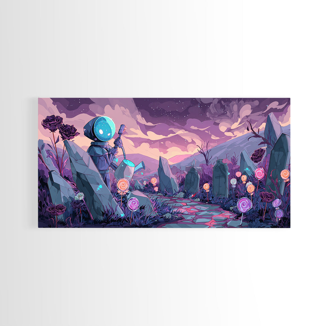 The Grave Gardener Of Yuggoth, Retro Neon Halloween Art, Wide Panoramic Art, Framed Canvas Print, Retro Halloween Decor, Neon Wall Art