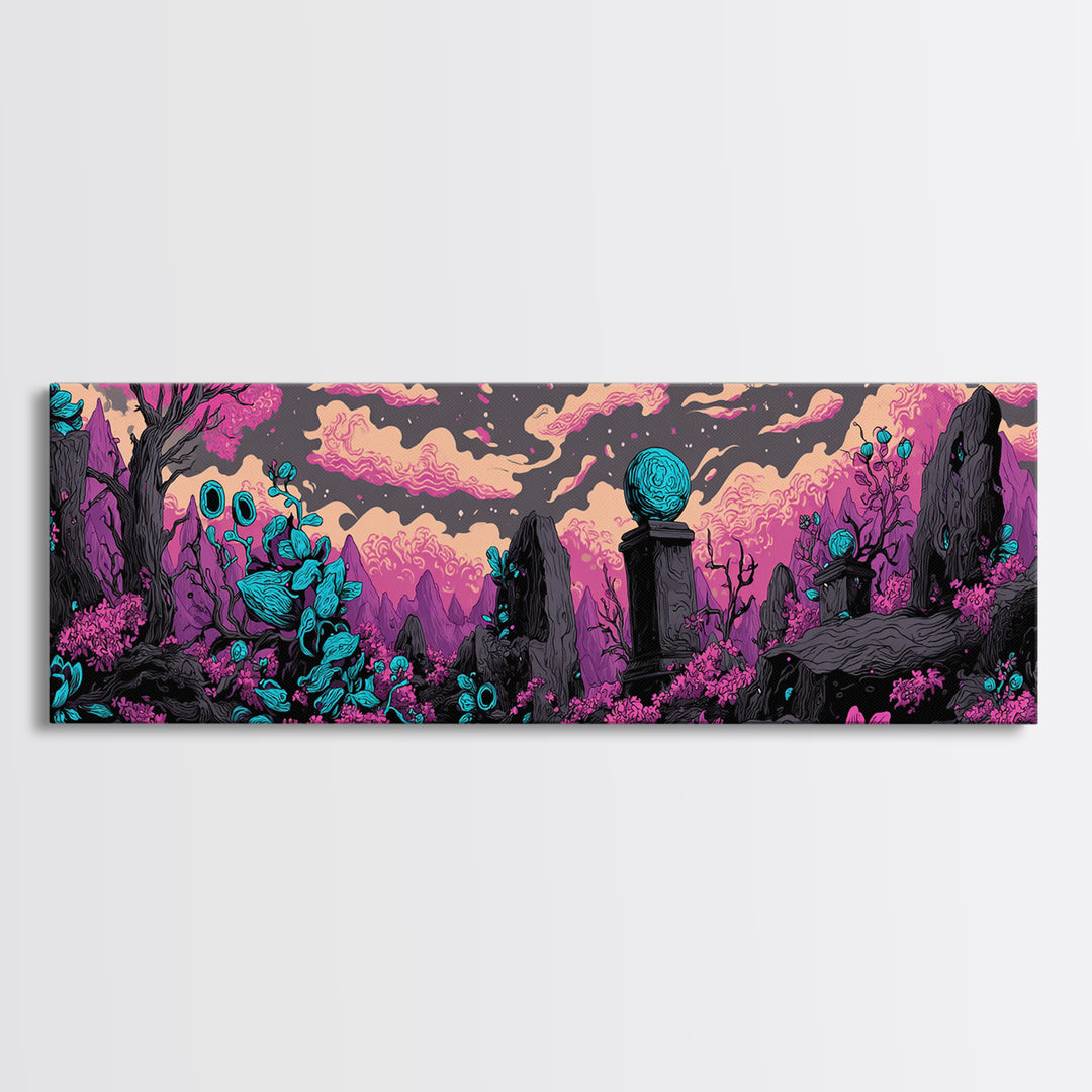 The Grave Gardener Of Yuggoth, Cosmic Synthwave Horror, Extra Wide Wall Art, Framed Canvas Print, Retro Halloween Decor, Neon Wall Art