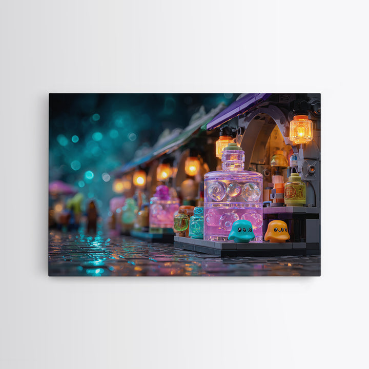 The Lantern Market Beyond The Veil, Cute Eldritch Neon Art, Landscape Wall Art, Canvas Print, Retro Halloween Decor, Neon Wall Art