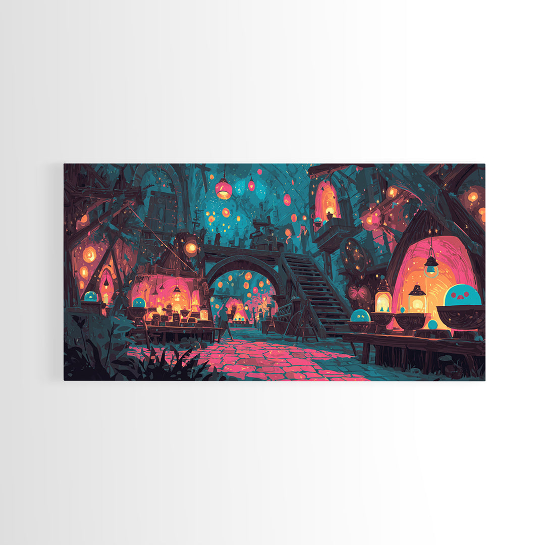 The Lantern Market Beyond The Veil, Cute Spooky Neon Art, Wide Panoramic Art, Canvas Print, Retro Halloween Decor, Neon Wall Art