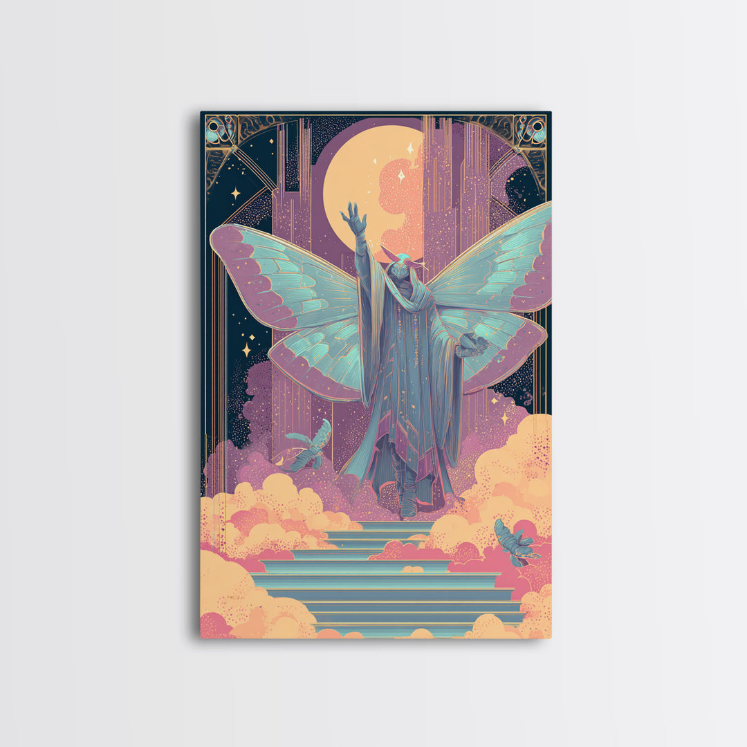 The Moth Prophet Of Kadath, Vaporwave Halloween Decor, Vertical Wall Art, Canvas Print, Retro Halloween Decor, Neon Wall Art