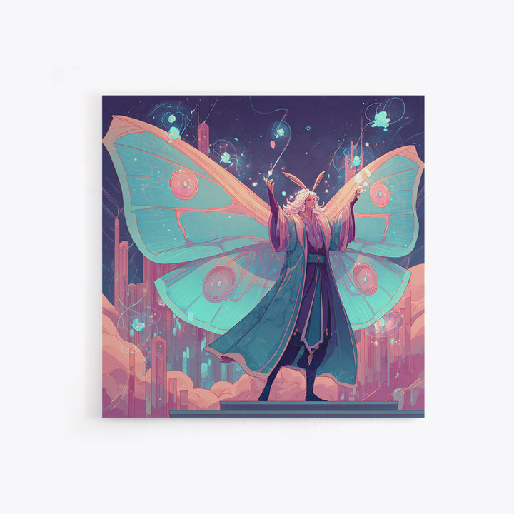 The Moth Prophet Of Kadath, Cute Spooky Neon Art, Square Wall Art, Framed Canvas Print, Retro Halloween Decor, Neon Wall Art