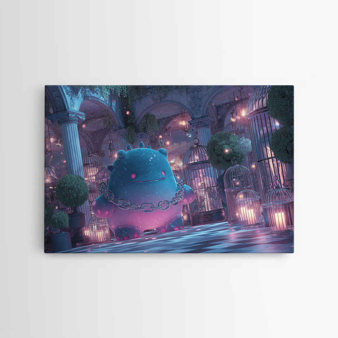 The Moonlit Shoggoth Menagerie, Vaporwave Halloween Decor, Landscape Wall Art, Framed Canvas Print, Retro Halloween Decor, Neon Wall Art
