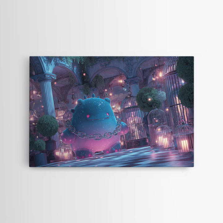 The Moonlit Shoggoth Menagerie, Vaporwave Halloween Decor, Landscape Wall Art, Framed Canvas Print, Retro Halloween Decor, Neon Wall Art