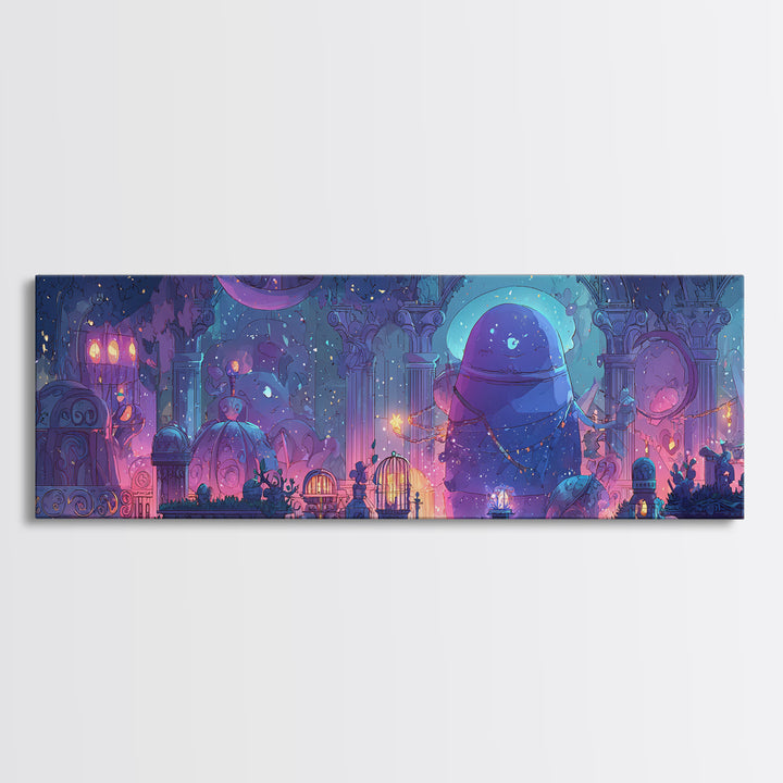 The Moonlit Shoggoth Menagerie, 80s Halloween Wall Art, Extra Wide Wall Art, Canvas Print, Retro Halloween Decor, Neon Wall Art